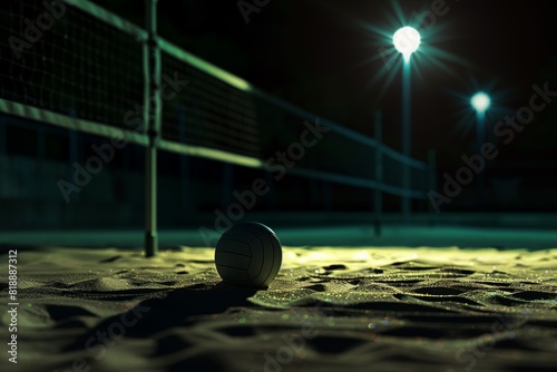 3D Rendered Beach Volleyball Scene at Night Under Dramatic Floodlights - Perfect for Sports, Poster, and Card Designs