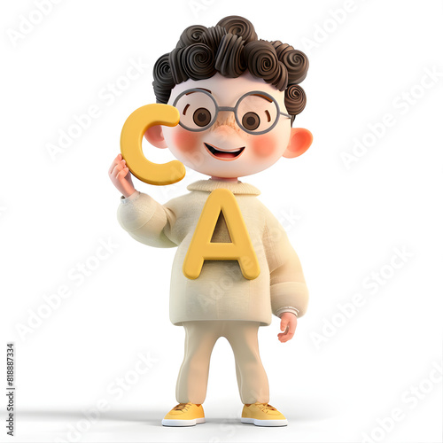 알파벳을 들고 있는 3d 애니메이션 캐릭터