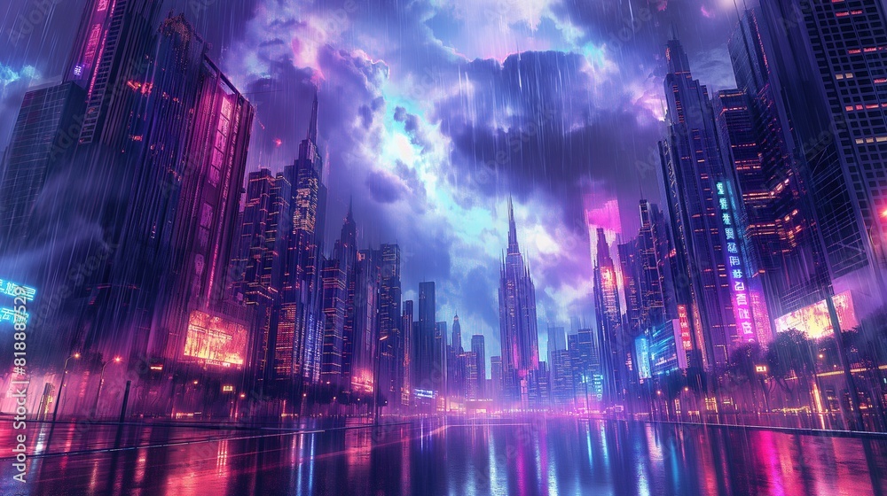 A futuristic metropolis engulfed in a torrential downpour, with rain-soaked streets reflecting the vibrant neon lights of towering skyscrapers against a backdrop of stormy,