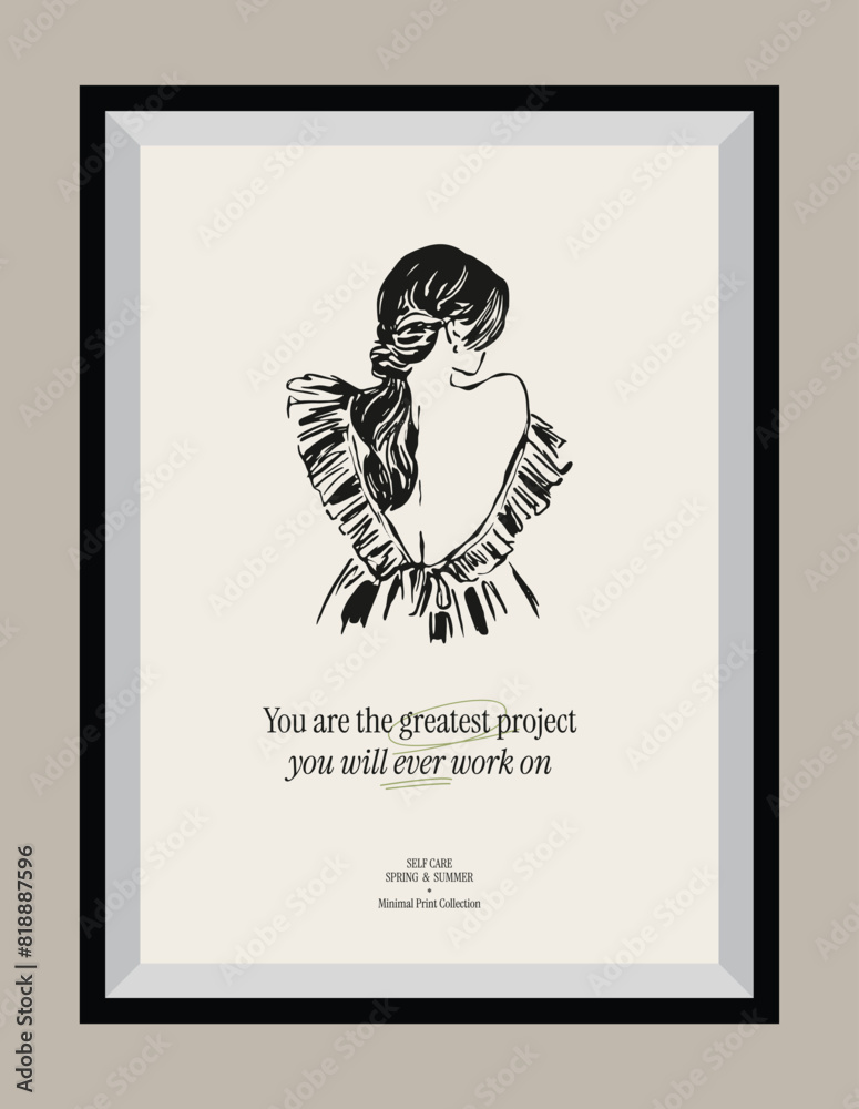 Minimal hand drawn vector woman silhouette illustration with aesthetic quote in a poster frame. Matisse style illustrations.	