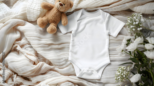 White Baby Bodysuit Mockup with Floral Cotton Blanket and Teddy Bear photo