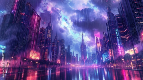 A futuristic metropolis engulfed in a torrential downpour  with rain-soaked streets reflecting the vibrant neon lights of towering skyscrapers against a backdrop of stormy 