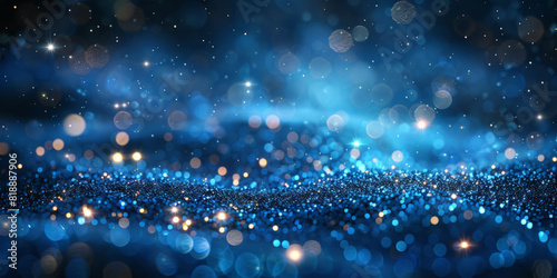 Dark blue background with glowing particles, bokeh effect. Abstract digital space with glitter and sparkles. Shiny light effects for futuristic or scifi video animation or presentation design. 