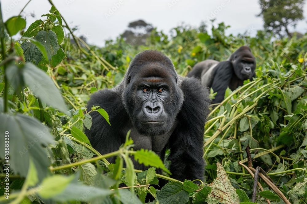Fototapeta premium A male silverback gorilla in a jungle hillside habitat. Blurred background. Horizontal. Space for copy. Close up.