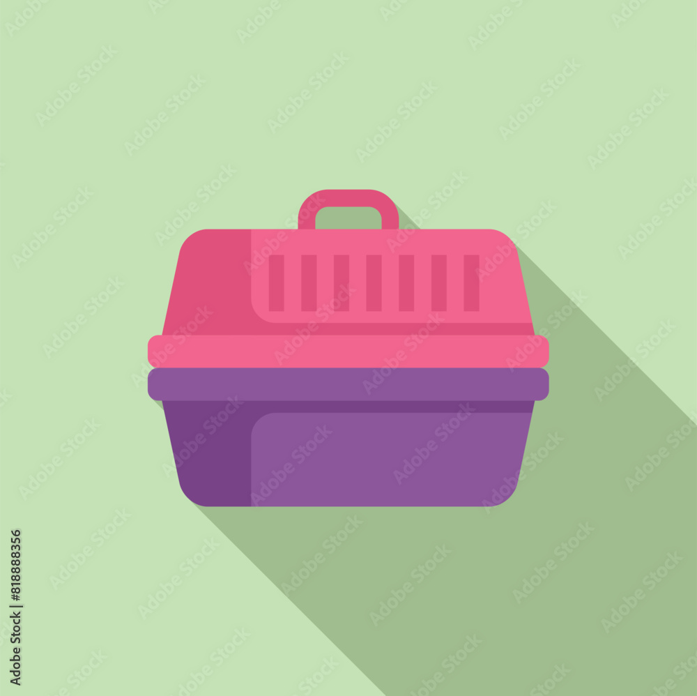 Simple, modern illustration of a pink and purple pet carrier on a green background