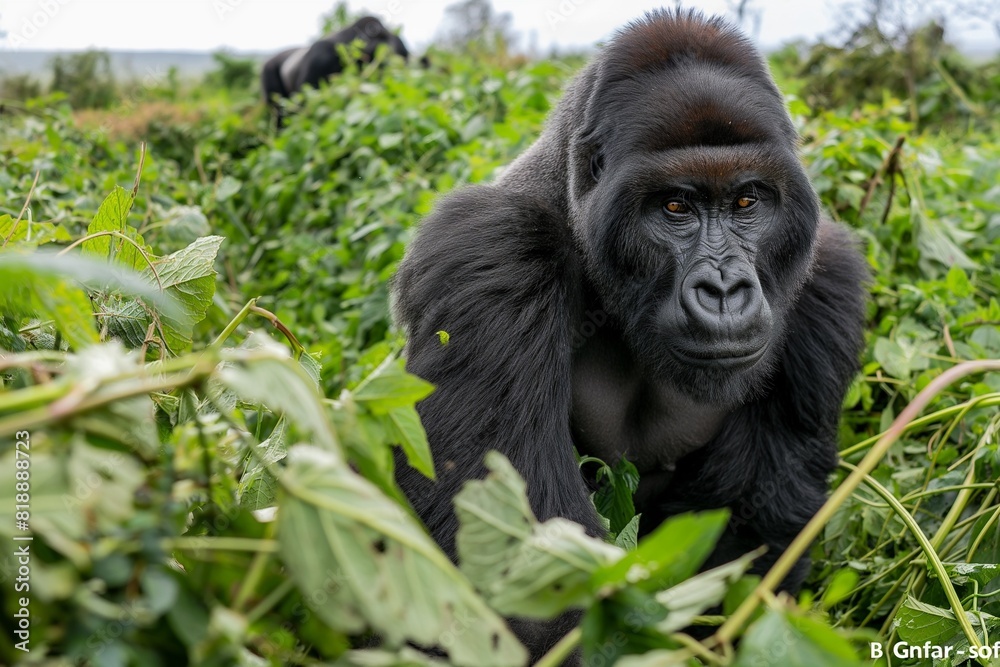A male silverback gorilla in a jungle hillside habitat. Blurred background. Horizontal. Space for copy. Close up. A male silverback gorilla in a jungle hillside habitat. Blurred background. Horizontal. Space for copy. Close up.