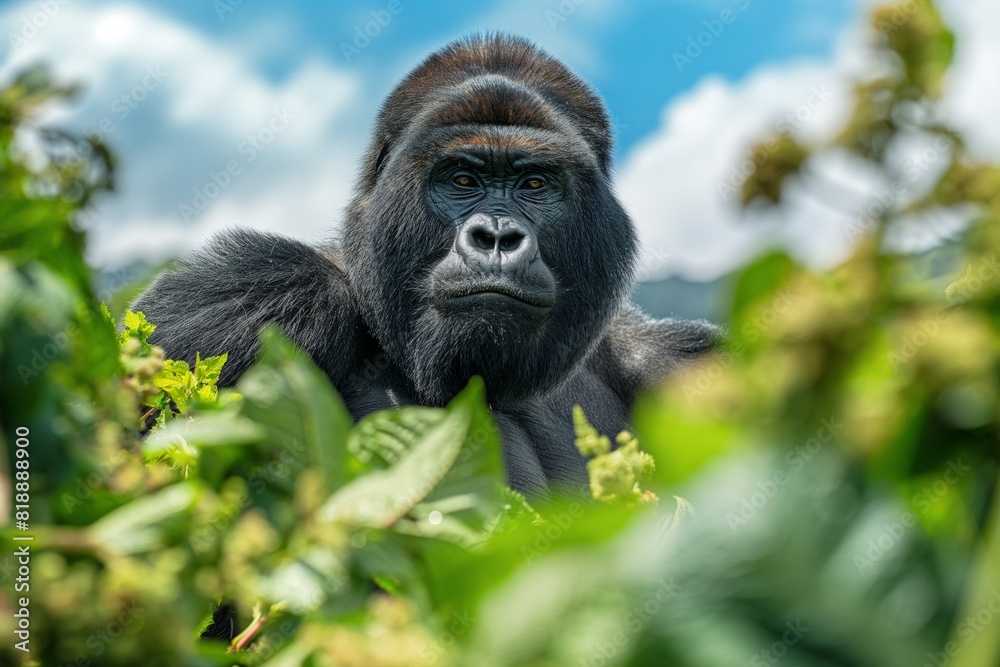 Obraz premium A male silverback gorilla in a jungle hillside habitat. Blurred background. Horizontal. Space for copy. Close up.
