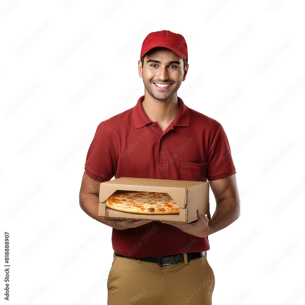 Delivery man in red uniform holding pizza box on transparent background png Delivery man in red uniform holding pizza box on transparent background png
