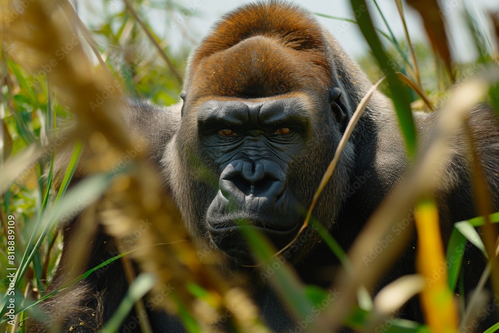 A male silverback gorilla in a jungle hillside habitat. Blurred background. Horizontal. Space for copy. Close up. A male silverback gorilla in a jungle hillside habitat. Blurred background. Horizontal. Space for copy. Close up.