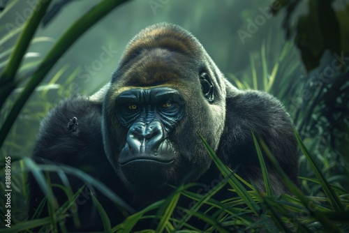 A male silverback gorilla in a jungle hillside habitat. Blurred background. Horizontal. Space for copy. Close up.
