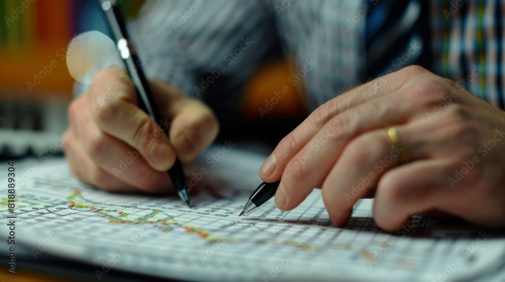 Stock market analyst writing notes on a printed financial graph report