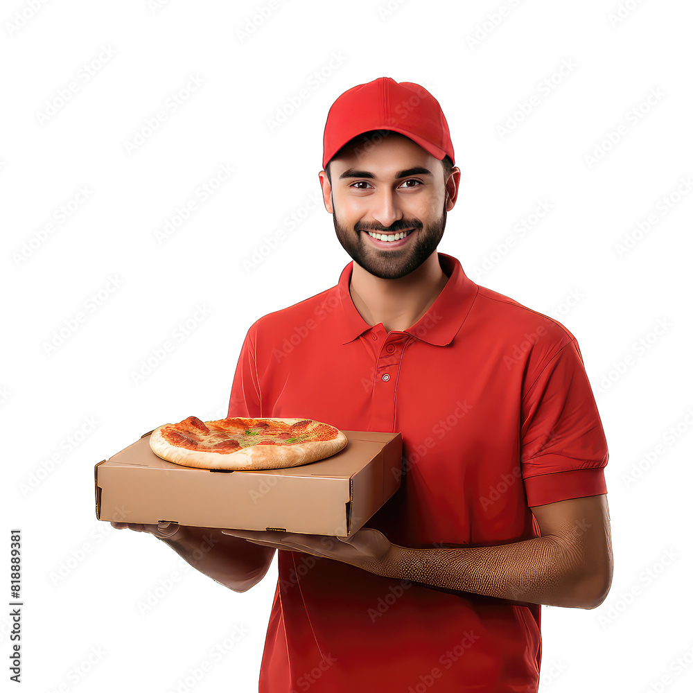 Delivery man in red uniform holding pizza box on transparent background png Delivery man in red uniform holding pizza box on transparent background png