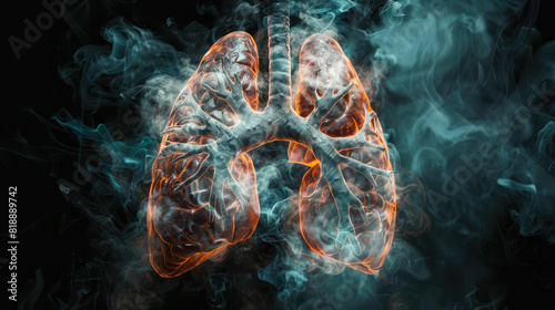 human lungs in smoke on a dark background. concept of harm from smoking and ecology photo