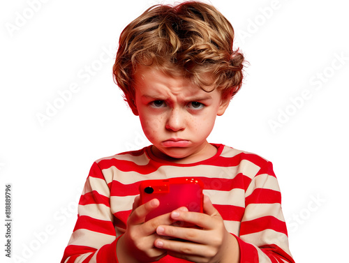 Child with Smartphone on Pink Background with frowning face, gadget addiction concept photo