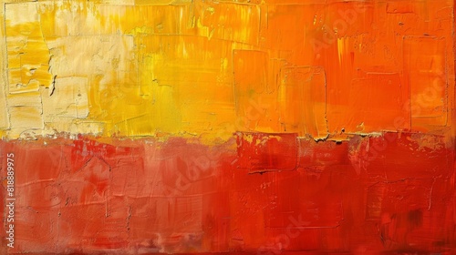 Design an abstract painting with bold, energetic brushstrokes in shades of red and yellow, conveying a sense of passion and photo
