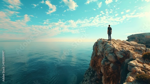 Man Reflecting on Rocky Cliff Overlooking Tranquil Sea and Sky Embracing New Beginnings