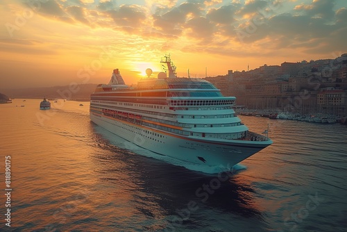 A modern cruise ship departing from a bustling port, ready to embark on an oceanic adventure
