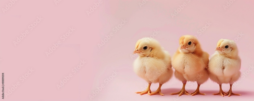 Baby chicken on a pink background. A monochrome background with a place for text and cute, fluffy yellow pet chickens. Baby chicken on a pink background. A monochrome background with a place for text and cute, fluffy yellow pet chickens.