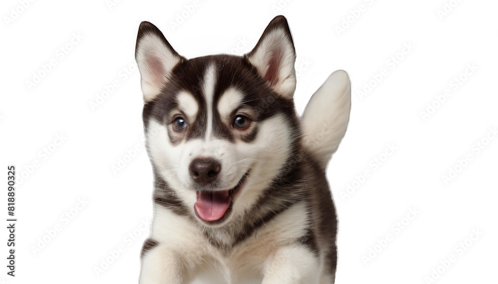 Funny and playful husky or pet dog is playing and jumping and looks happy isolated on transparent background. Little husky dog pretending. Cute and happy crazy dog ​​head smiling on transparent png