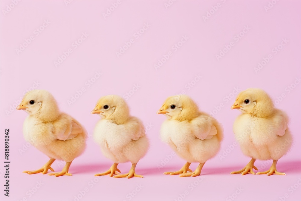Baby chicken on a pink background. A monochrome background with a place for text and cute, fluffy yellow pet chickens. Baby chicken on a pink background. A monochrome background with a place for text and cute, fluffy yellow pet chickens.