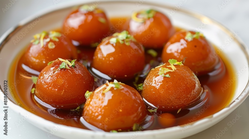Sweet and delectable gulab jamun served in syrup on a white plate Sweet and delectable gulab jamun served in syrup on a white plate