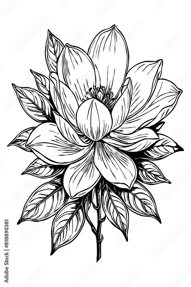 Fototapeta premium Magnolia flower. Black and white line art. Print for T-shirts, design for tattoos. Generated by Ai