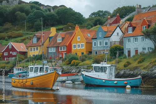 A picturesque seaside town with colorful houses nestled along the coastline, fishing boats bobbing in the harbor