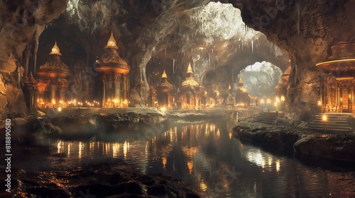 A grandiose subterranean cityscape carved from living rock, with vaulted chambers adorned with gilded accents and glowing crystals, reflecting the warm hues of flickering torchlight. photo