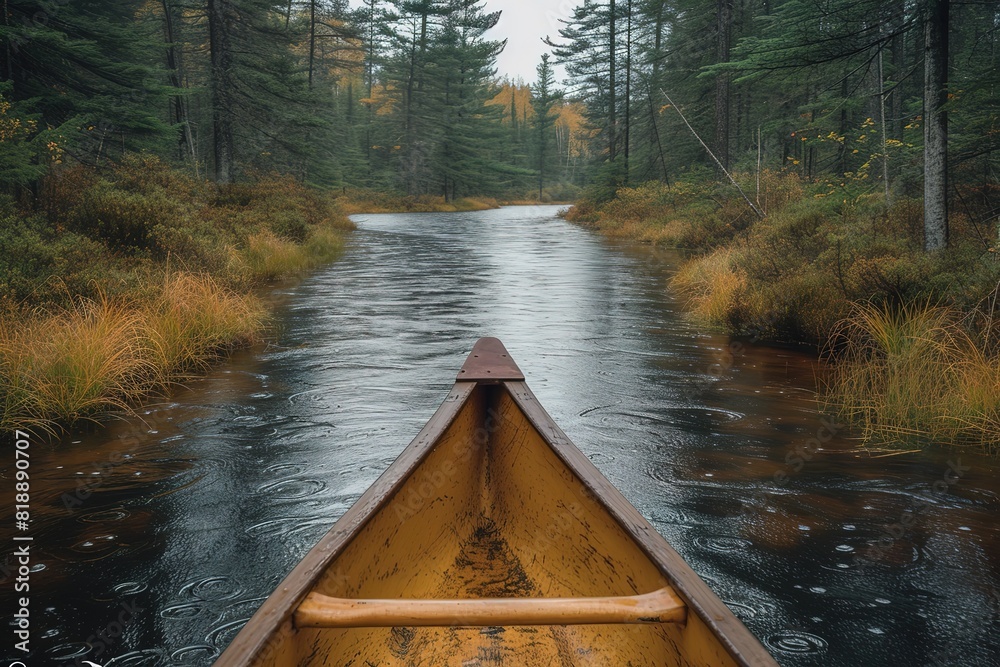 A rustic canoe expedition through a pristine wilderness, with dense forest on either side of the narrow waterway A rustic canoe expedition through a pristine wilderness, with dense forest on either side of the narrow waterway
