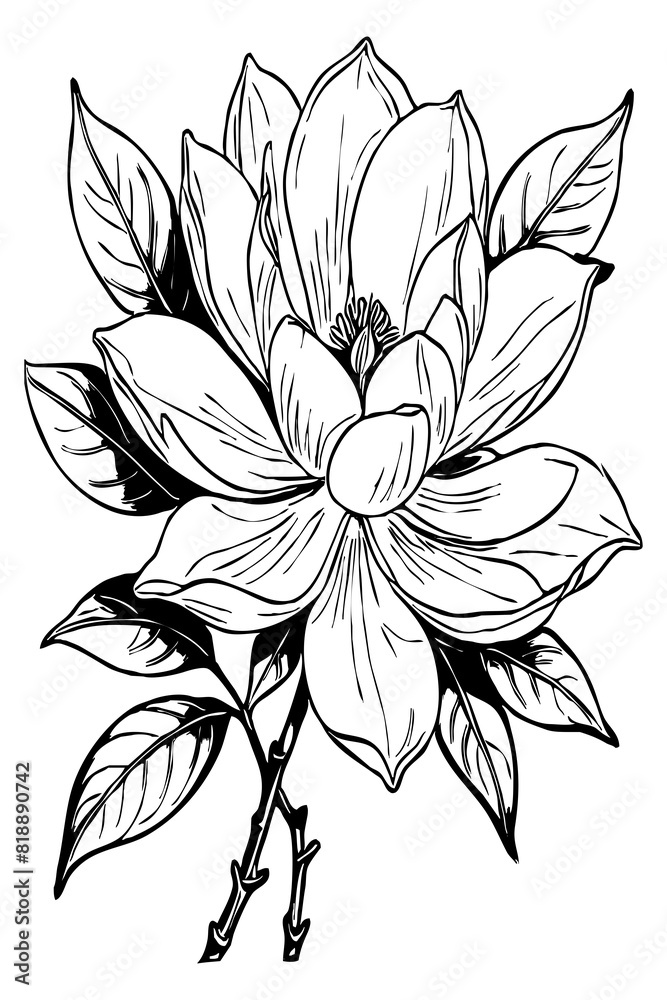 Fototapeta premium Magnolia flower. Black and white line art. Print for T-shirts, design for tattoos. Generated by Ai
