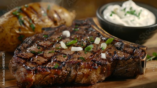 T-bone steak grilled to medium-rare  served with a baked potato and sour cream