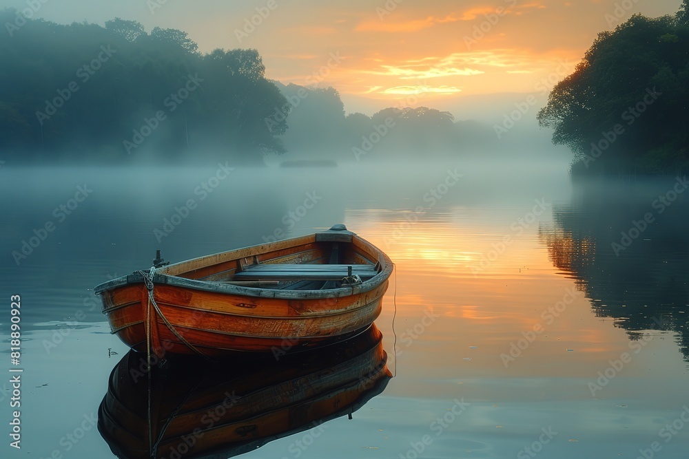 A serene lake at sunrise, with a solitary rowboat gently gliding over the glassy water, creating a perfect reflection
