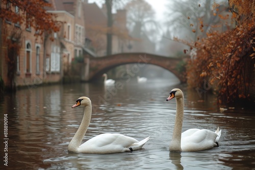 A serene canal in Bruges, Belgium, with historic stone bridges and swans gracefully gliding on the water photo