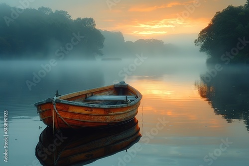 A serene lake at sunrise, with a solitary rowboat gently gliding over the glassy water, creating a perfect reflection