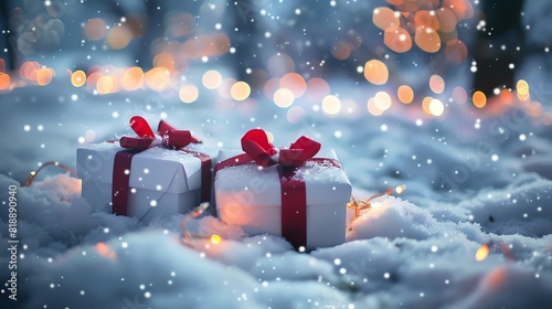 Two beautifully wrapped gift boxes with red ribbons sit in the snow with warm holiday lights in the background.