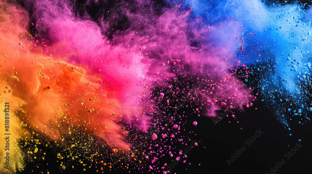 Fototapeta premium Bright colorful explosion of powder of multi-colored paints on a black background. Holi holiday