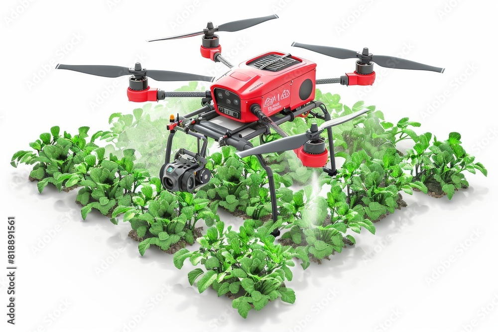 Isometric view with drone technology for plant health and advanced crop management in agricultural fields with efficient design. Isometric view with drone technology for plant health and advanced crop management in agricultural fields with efficient design.