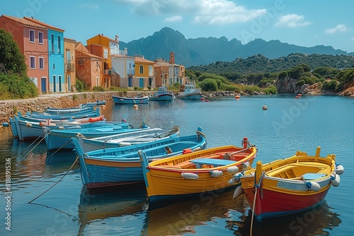 A traditional Mediterranean fishing village, where colorful boats are moored in a picturesque harbor