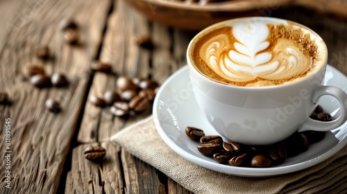 A steaming cup of cappuccino with latte art on a wooden table  surrounded by coffee beans for a cozy coffee shop vibe.