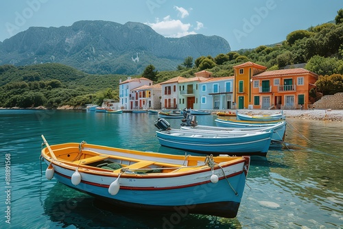 A traditional Mediterranean fishing village, where colorful boats are moored in a picturesque harbor © create
