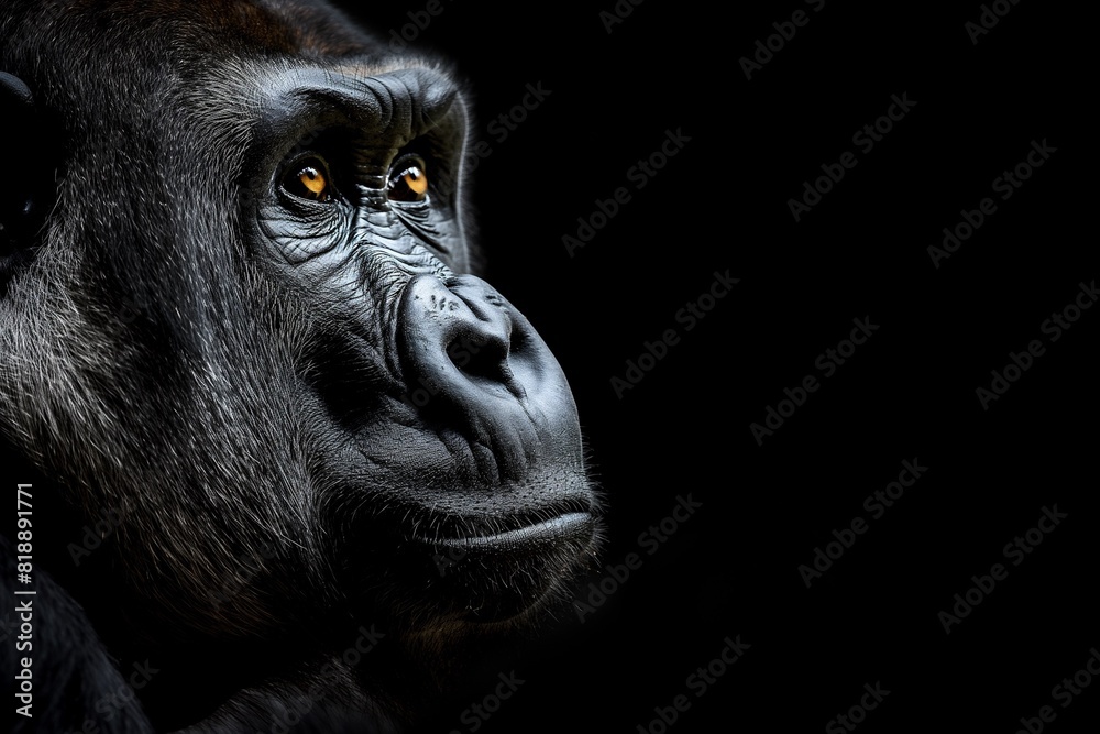 Obraz premium A close-up portrait of a gorilla, isolated against a black background. Horizontal. Space for copy.