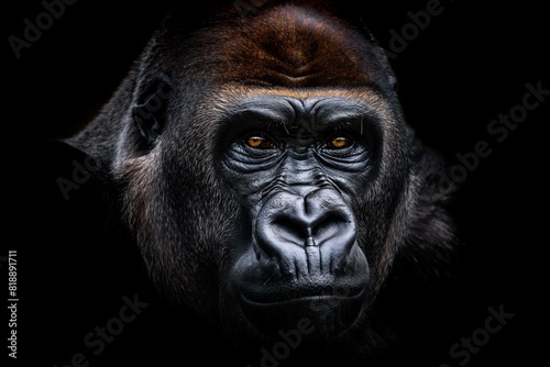 A close-up portrait of a gorilla, isolated against a black background. Horizontal. Space for copy.
