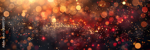 abstract background with red and gold  bokeh lights and particles on black background , a gold and red  background with lights, banner © Planetz