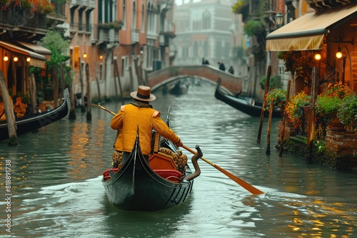 A traditional Venetian gondolier serenading passengers with the sweet sounds of an accordion photo