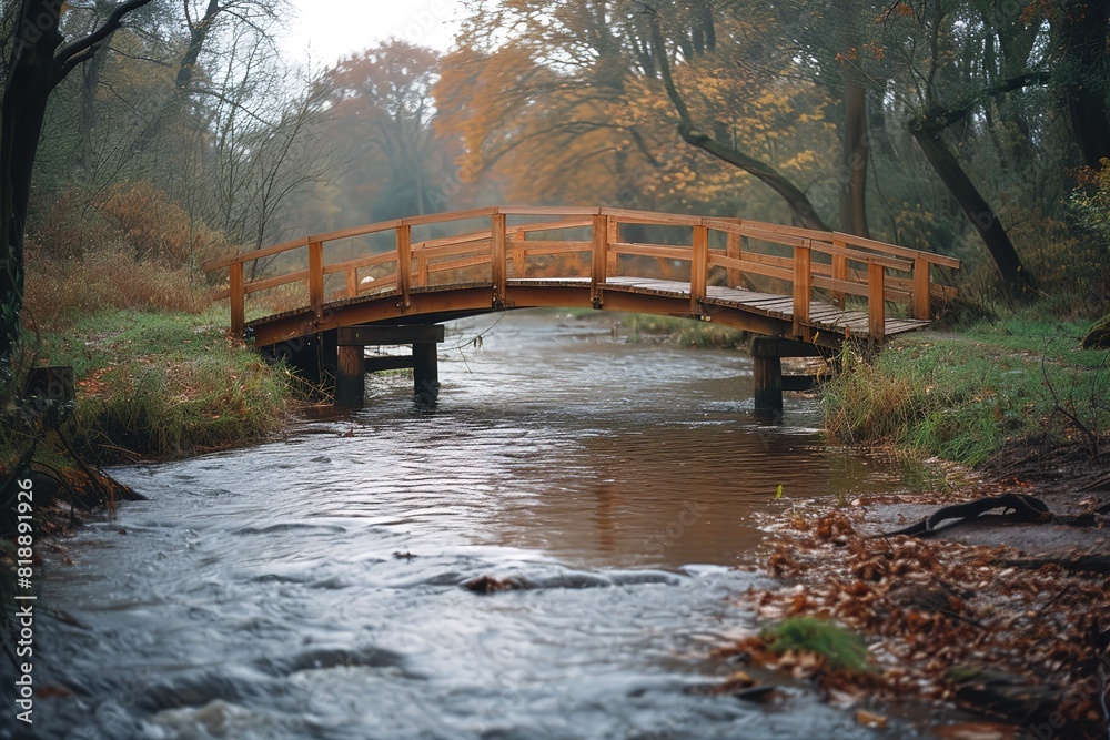A tranquil riverbank scene with a charming wooden bridge crossing the water, connecting two idyllic shores