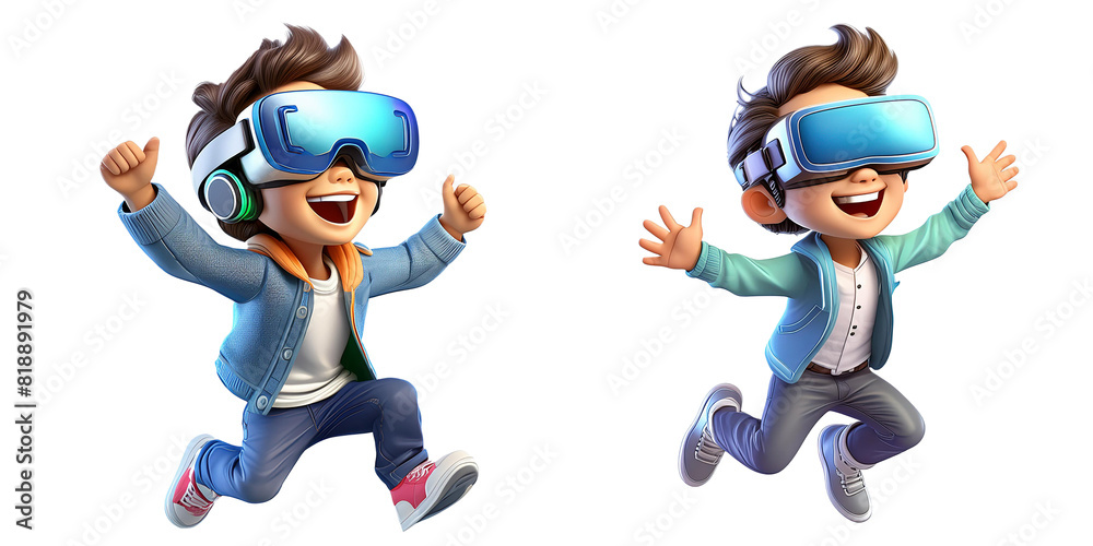 Set of two pictures of a joyful boy in kawaii style jumping for happiness with virtual reality glasses Set of two pictures of a joyful boy in kawaii style jumping for happiness with virtual reality glasses