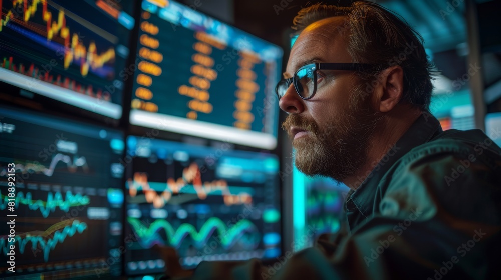 Trader monitoring gold price graphs on multiple screens in a busy trading floor Trader monitoring gold price graphs on multiple screens in a busy trading floor
