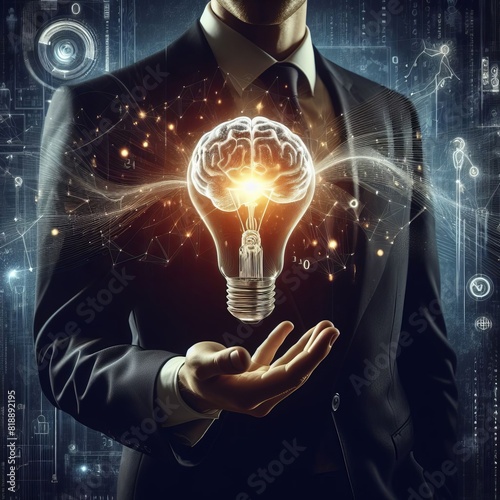 A conceptual image of a man in a suit holding a brain-shaped light bulb surrounded by data streams.. AI Generation