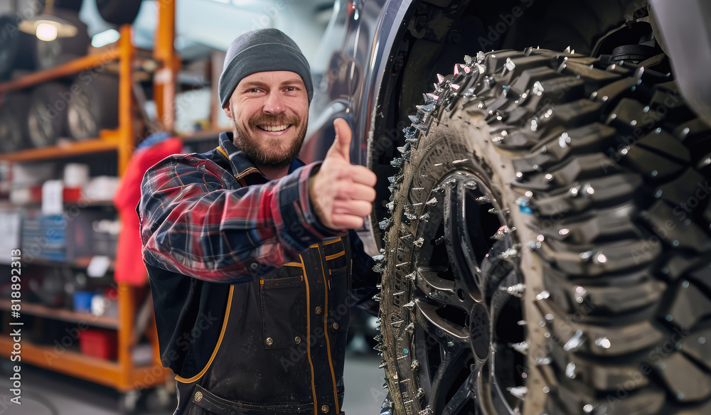 Smiling mechanic showing thumb up near off-road car wheel in auto repair shop