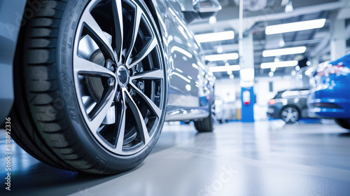Close-up of a modern car wheel with an alloy wheel in a car service center